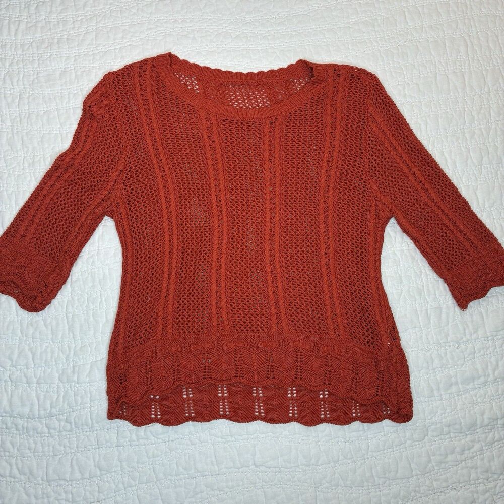 Lomon orange open knit sweater Med 3/4 sleeve lightweight festival fairy layer